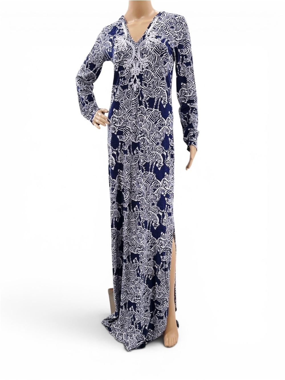 Lilly Pulitzer Hooded Zebra Print Maxi Dress Medium Blue White Cotton Beach Swim